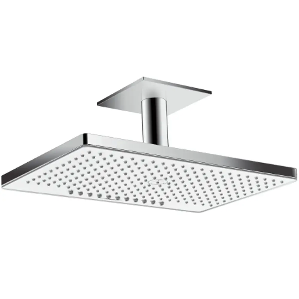 Hansgrohe Rainmaker Kopfbrause mit Deckenanschluss, rechteckige Form, verchromte Oberfläche und vielen kleinen Düsen für einen gleichmäßigen Wasserfluss.